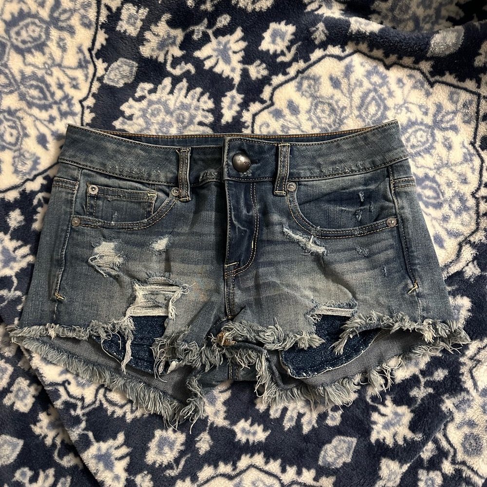 American Eagle Outfitters Blue Jean Shorts Distressed Frayed Hem